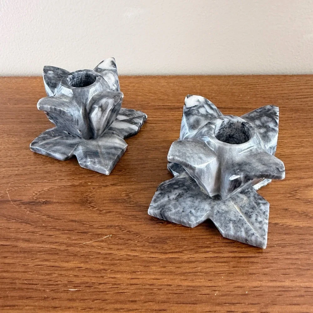 Pair Vintage Carved Marble Lotus Flower Candle Holders Gray Stone 3